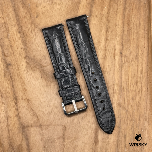 #1249 (Quick Release Springbar) 20/18mm Black Crocodile Belly Leather Watch Strap with Black Stitches