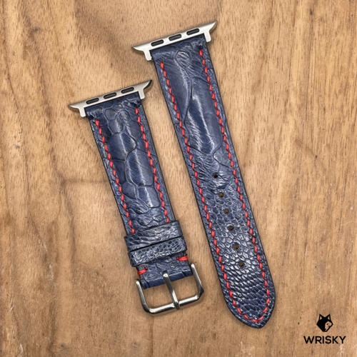 #1247 (Suitable for Apple Watch) Deep Sea Blue Ostrich Leg Leather Watch Strap with Red Stitches