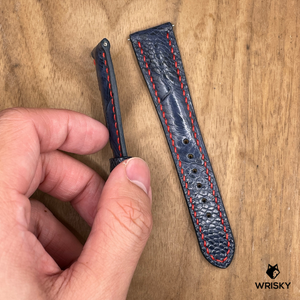 #1280 (Quick Release Spring Bar) 20/16mm Deep Sea Blue Ostrich Leg Leather Watch Strap with Red Stitches