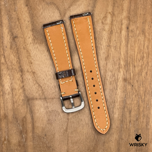 #1282 (Quick Release Spring Bar) 20/16mm Dark Brown Crocodile Belly Leather Watch Strap with Cream Stitches