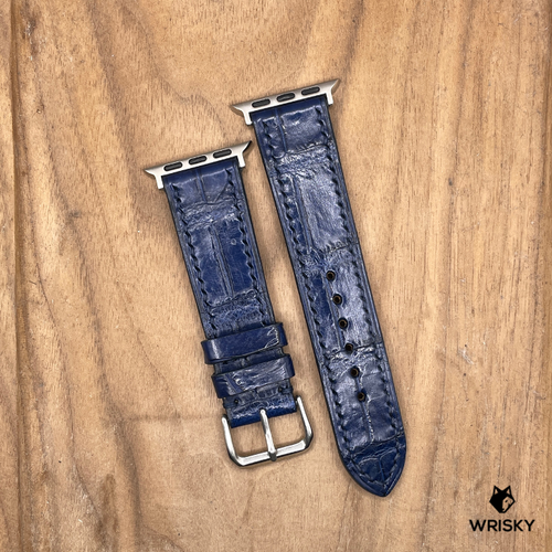 #1160 (Suitable for Apple Watch) Blue Crocodile Belly Leather Watch Strap with Blue Stitches