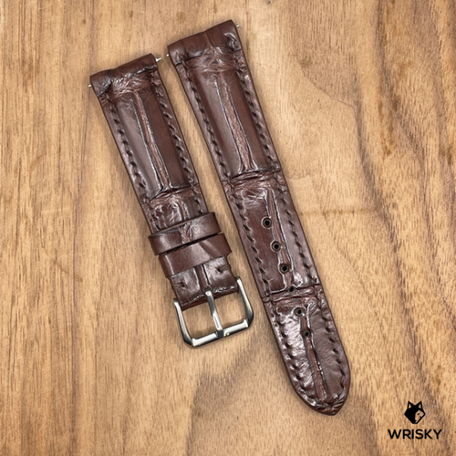 #949 (Quick Release Spring Bar) 21/18mm Dark Brown Crocodile Belly Leather Watch Strap with Brown Stitches