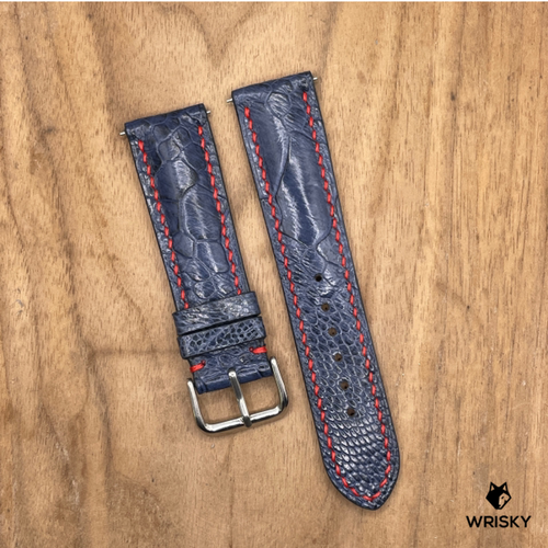 #1238 (Quick Release Springbar) 22/20mm Deep Sea Blue Ostrich Leg Leather Watch Strap with Red Stitches