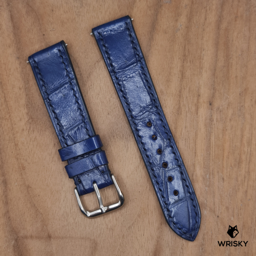 #1211 (Quick Release Springbar) 20/18mm Blue Crocodile Belly Leather Watch Strap with Blue Stitches