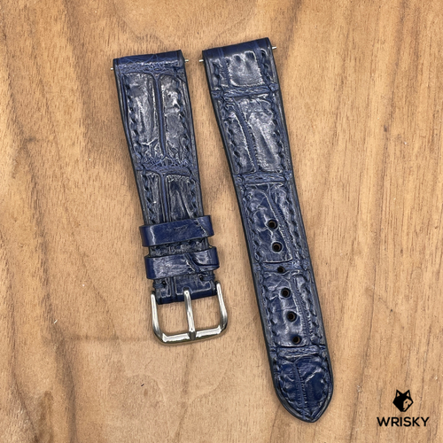 #1117 (Quick Release Springbar) 21/18mm Blue Crocodile Belly Leather Watch Strap with Blue Stitches
