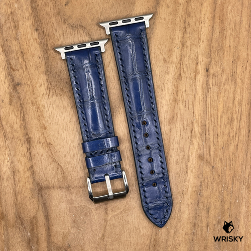 #1265 (Suitable for Apple Watch) Blue Crocodile Belly Leather Watch Strap with Blue Stitches