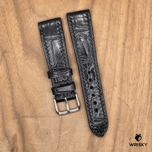 #1120 21/18mm Black Crocodile Belly Leather Watch Strap with Black Stitches