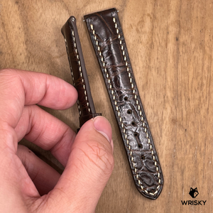 #1275 (Quick Release Spring Bar) 20/18mm Dark Brown Crocodile Belly Leather Watch Strap with Cream Stitches