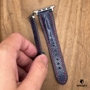 #1244 (Suitable for Apple Watch) Deep Sea Blue Ostrich Leg Leather Watch Strap with Red Stitches