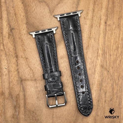 #1246 (Suitable for Apple Watch) Black Crocodile Belly Leather Watch Strap with Black Stitches