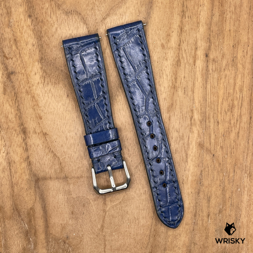 #1251 (Quick Release Springbar) 20/16mm Blue Crocodile Belly Leather Watch Strap with Blue Stitches