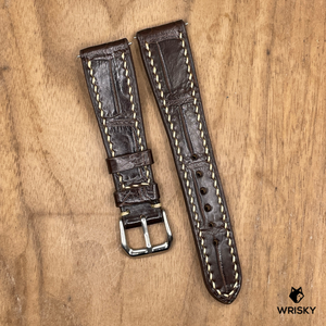 #1282 (Quick Release Spring Bar) 20/16mm Dark Brown Crocodile Belly Leather Watch Strap with Cream Stitches