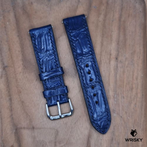 #1216 (Quick Release Springbar) 22/20mm Blue Crocodile Belly Leather Watch Strap with Blue Stitches