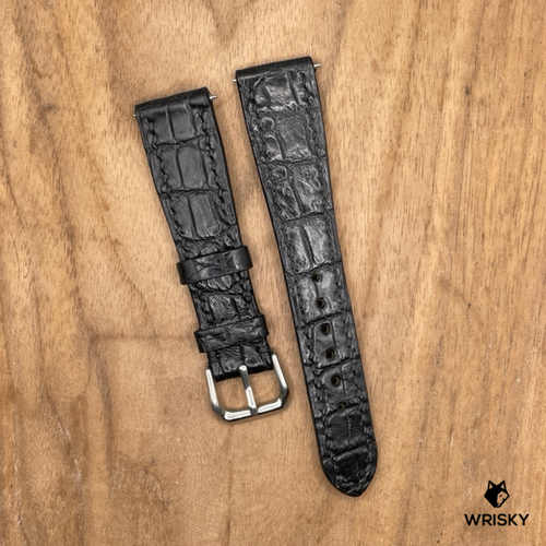 #1254 (Quick Release Springbar) 20/16mm Black Crocodile Belly Leather Watch Strap with Black Stitches