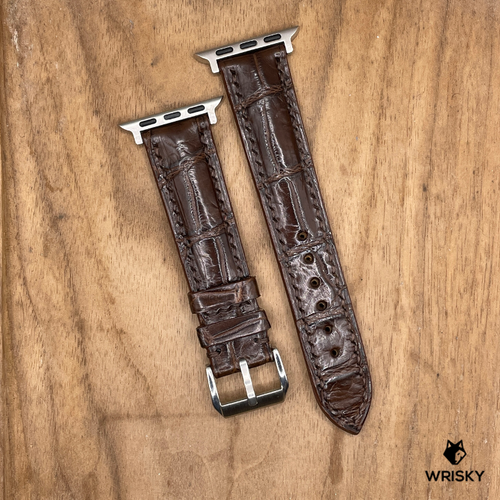 #1258 (Suitable for Apple Watch) Brown Crocodile Belly Leather Watch Strap with Brown Stitches