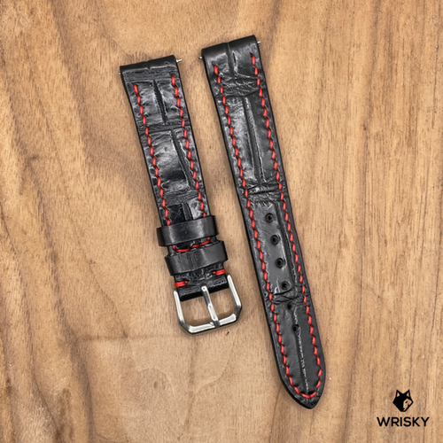 #1102 (Quick Release Springbar) 18/16mm Black Crocodile Belly Leather Watch Strap with Red Stitches