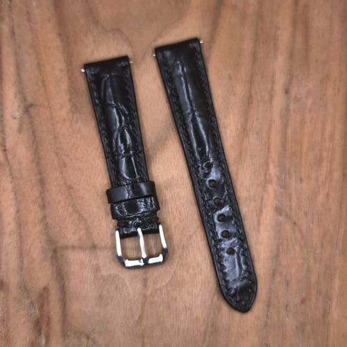 #1188 (Quick Release Springbar) 19/16mm Black Crocodile Belly Leather Watch Strap with Black Stitches