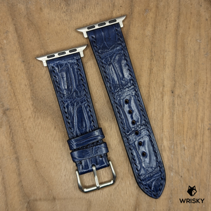 #1222 (Suitable for Apple Watch) Blue Crocodile Belly Leather Watch Strap with Blue Stitches