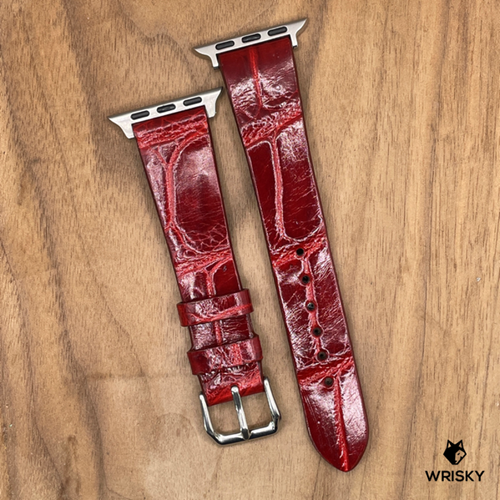 #1073 (Suitable for Apple Watch) Glossy Wine Red Crocodile Belly Leather Watch Strap