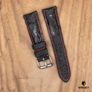 #1108 22/20mm Black Ostrich Leg Leather Watch Strap with Red Stitches