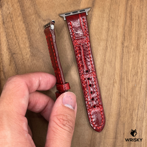 #1074 (Suitable for Apple Watch) Glossy Wine Red Crocodile Belly Leather Watch Strap with Red Stitches