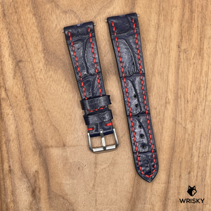 #1109 20/16mm Dark Blue Crocodile Belly Leather Watch Strap with Red Stitches