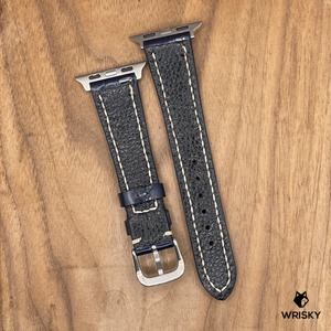 #1075 (Suitable for Apple Watch) Dark Blue Crocodile Belly Leather Watch Strap with Cream Stitches