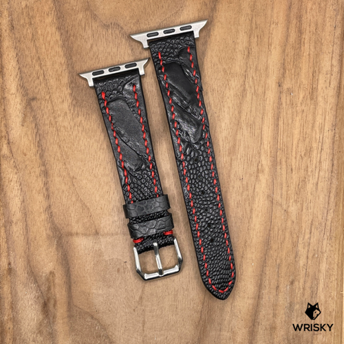 #1110 (Suitable for Apple Watch) Black Ostrich Leg Leather Watch Strap with Red Stitches