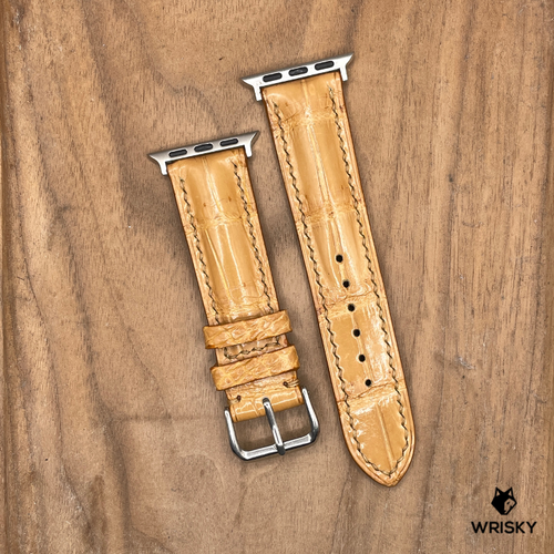 #1158 (Suitable for Apple Watch) Sand Brown Crocodile Belly Leather Watch Strap with Brown Stitches