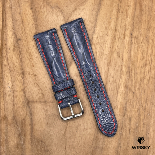#1236 (Quick Release Springbar) 22/18mm Deep Sea Blue Ostrich Leg Leather Watch Strap with Red Stitches