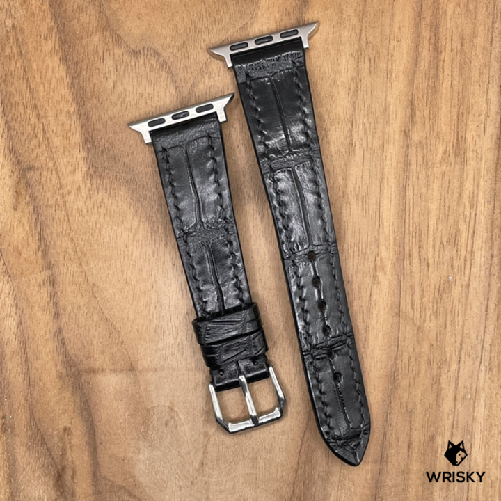 #1078 (Suitable for Apple Watch) Black Crocodile Belly Leather Watch Strap with Black Stitches
