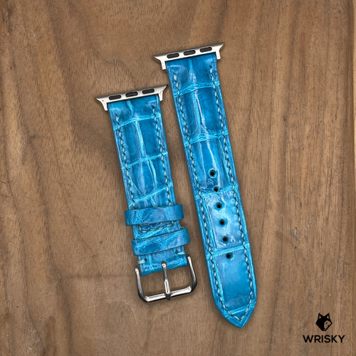#1161 (Suitable for Apple Watch) Sky Blue Crocodile Belly Leather Watch Strap with Blue Stitches