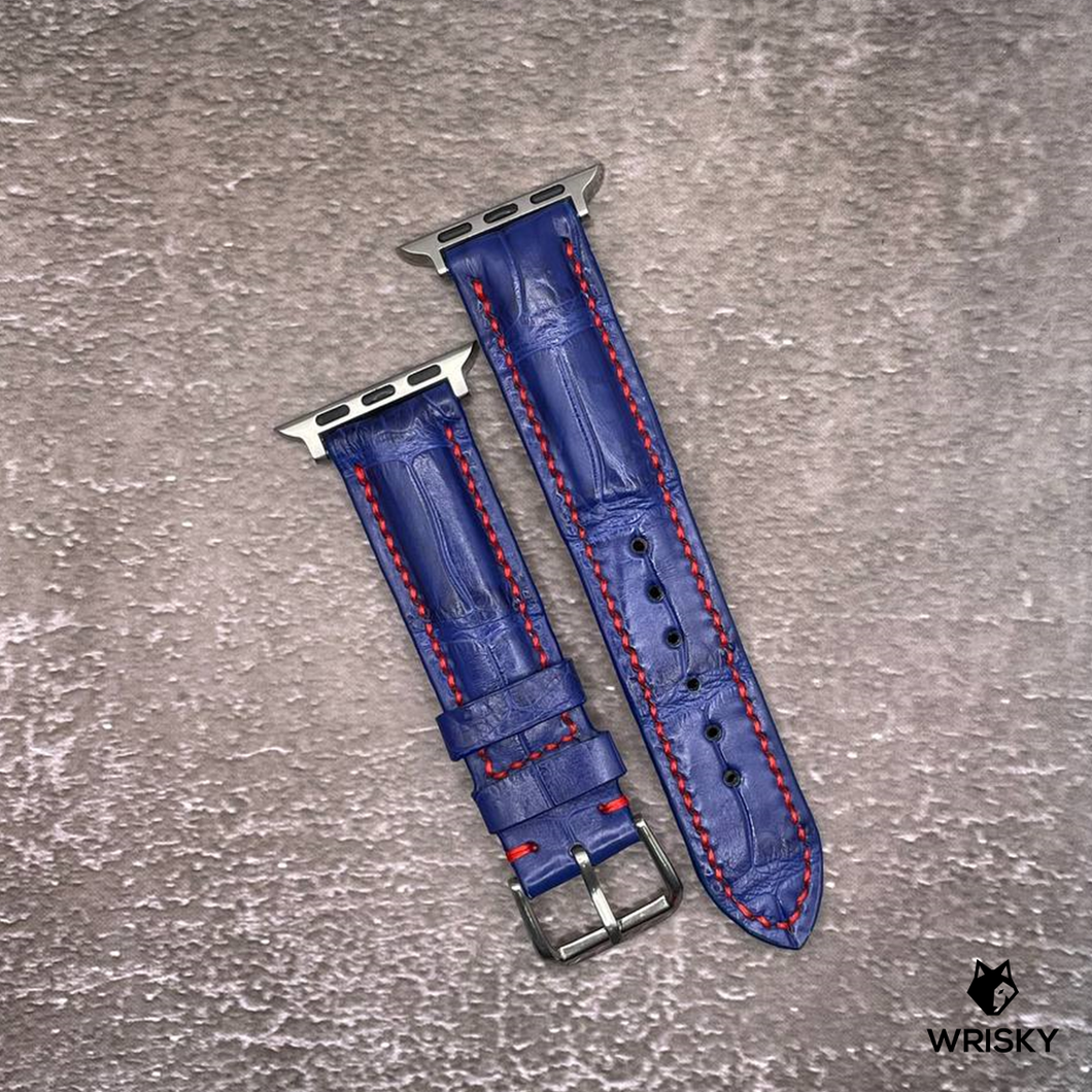 #556 (Suitable for Apple Watch) Royal Blue Crocodile Belly Leather Watch Strap with Red Stitches