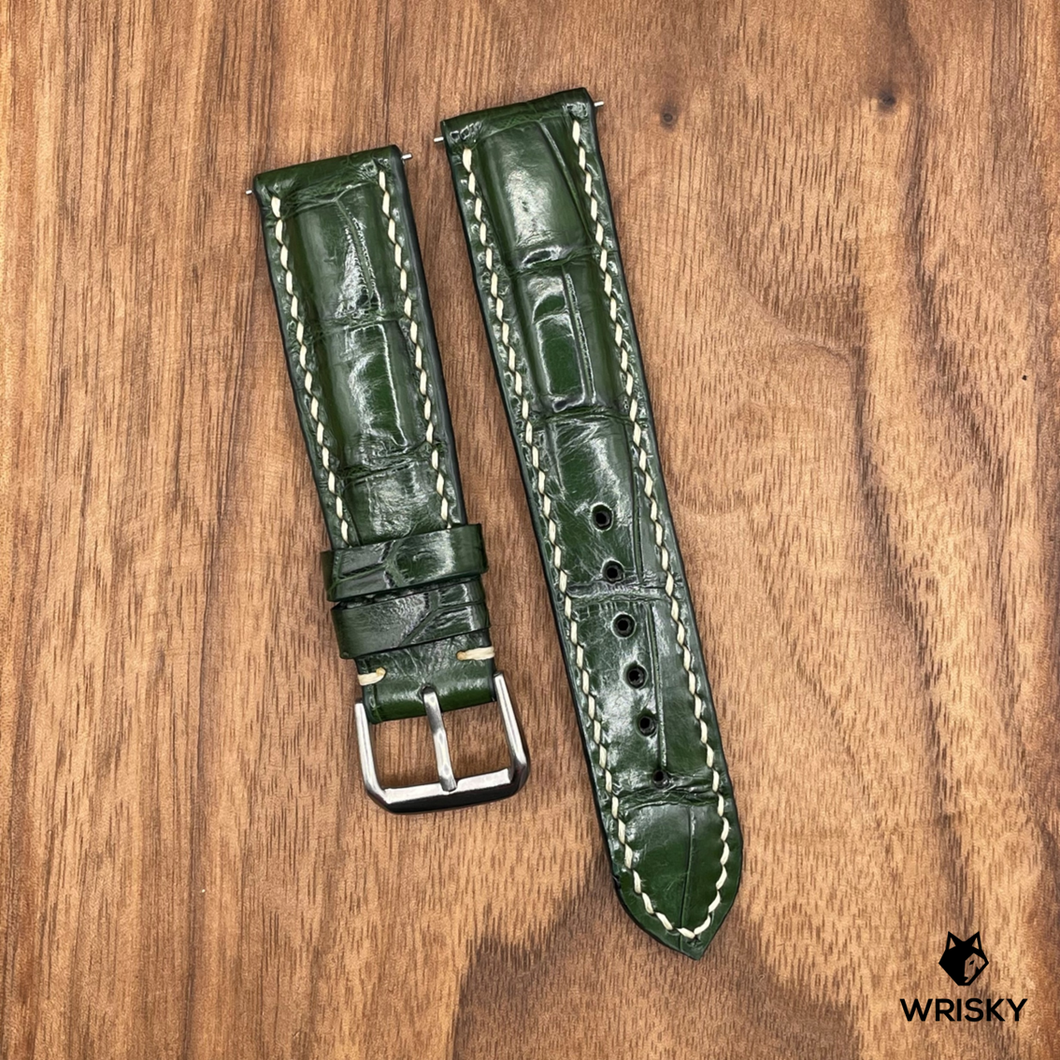 #713 (Quick Release Spring Bar) 20/18mm Dark Green Crocodile Belly Leather Watch Strap with Cream Stitches