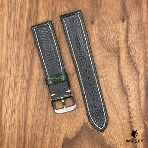 #713 (Quick Release Spring Bar) 20/18mm Dark Green Crocodile Belly Leather Watch Strap with Cream Stitches