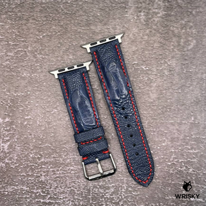 #557 (Suitable for Apple Watch) Deep Sea Blue Ostrich Leg Leather Watch Strap with Red Stitches