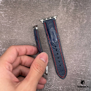 #557 (Suitable for Apple Watch) Deep Sea Blue Ostrich Leg Leather Watch Strap with Red Stitches