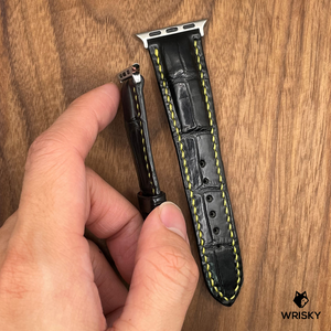 #684 (Suitable for Apple Watch) Black Crocodile Belly Leather Watch Strap with Yellow Stitches