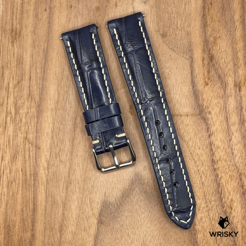 #950 (Quick Release Spring Bar) 20/18mm Dark Blue Crocodile Belly Leather Watch Strap with Cream Stitches