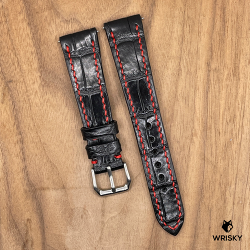 #1054 (Quick Release Spring Bar) 20/16mm Black Crocodile Belly Leather Watch Strap with Red Stitches