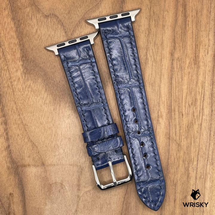 #1045 (Suitable for Apple Watch) Blue Crocodile Belly Leather Watch Strap with Dark Blue Stitches