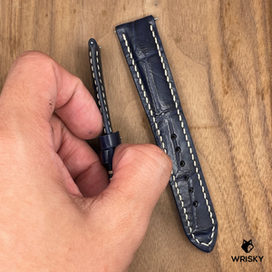 #950 (Quick Release Spring Bar) 20/18mm Dark Blue Crocodile Belly Leather Watch Strap with Cream Stitches