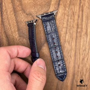 #690 (Suitable for Apple Watch) Dark Blue Crocodile Belly Leather Watch Strap with Blue Stitches