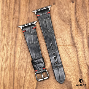 #786 (Suitable for Apple Watch) Black Crocodile Belly Leather Watch Strap with Red Vintage Stitches
