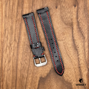 #720 (Quick Release Spring Bar) 18/16mm Black Crocodile Belly Leather Watch Strap with Red Stitches