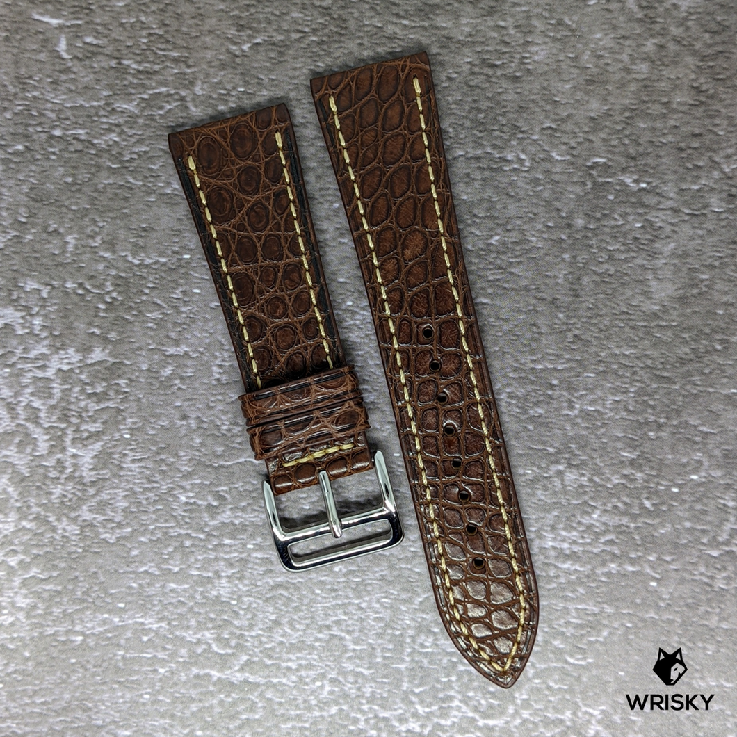 #439 24/20mm Dark Brown Crocodile Belly Leather Strap with Cream Stitches