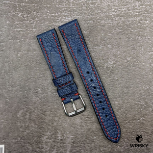 #494 19/16mm Deep Sea Blue Ostrich Leg Leather Watch Strap with Red Stitches