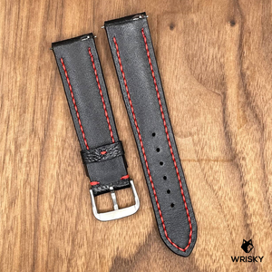 #766 (Quick Release Spring Bar) 20/18mm Black Ostrich Leather Watch Strap with Red Stitch
