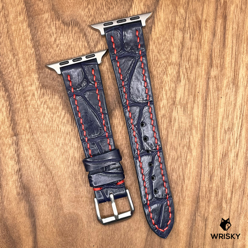 #755 (Suitable for Apple Watch) Dark Blue Crocodile Leather Watch Strap with Red Stitches