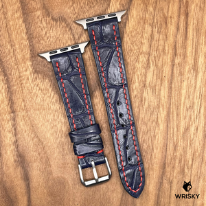 #755 (Suitable for Apple Watch) Dark Blue Crocodile Leather Watch Strap with Red Stitches